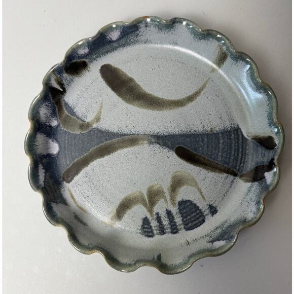 Signed Art Pottery Pie Plate Beautiful Green Gray and Blue Swirl Design Glaze - Picture 1 of 8